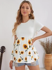 SHEIN 孕婦裝荷葉邊下擺向日葵圖案上衣 - 白色 - 查看 1