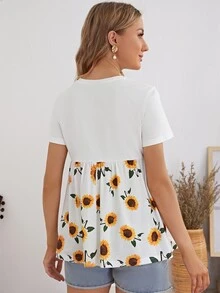 SHEIN 孕婦裝荷葉邊下擺向日葵圖案上衣 - 白色 - 查看 2