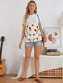 SHEIN 孕婦裝荷葉邊下擺向日葵圖案上衣 - 白色 - 查看 3