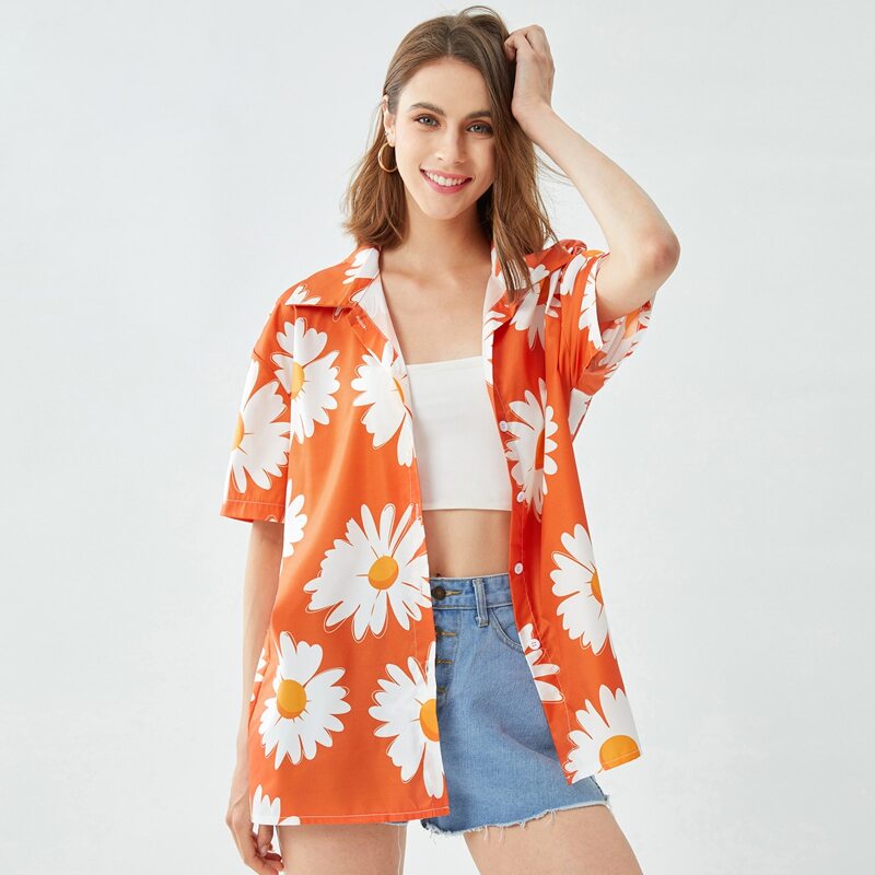 

Daisy Print Button Front Blouse, Orange