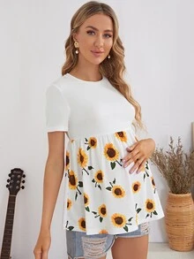 SHEIN 孕婦裝荷葉邊下擺向日葵圖案上衣 - 白色 - 查看 4
