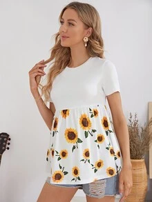 SHEIN 孕婦裝荷葉邊下擺向日葵圖案上衣 - 白色 - 查看 5