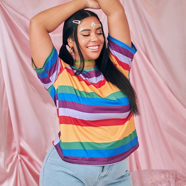 

Plus Rainbow Stripe Round Neck Tee, Multicolor