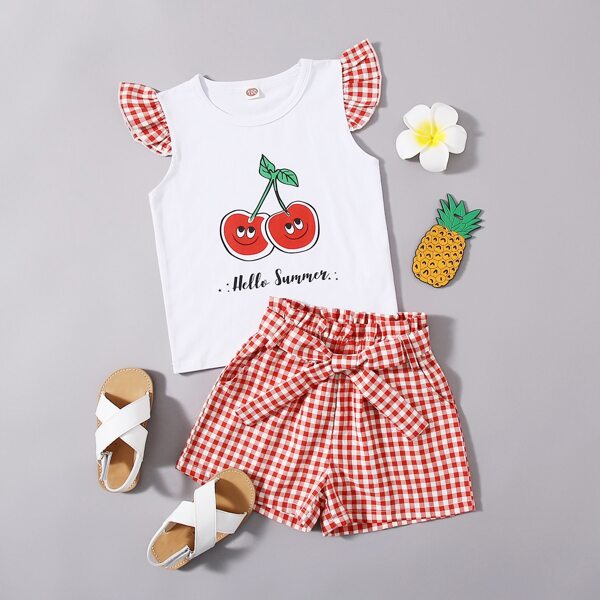 

Toddler Girls Cherry Print Ruffle Top With Gingham Belted Shorts, Red and white