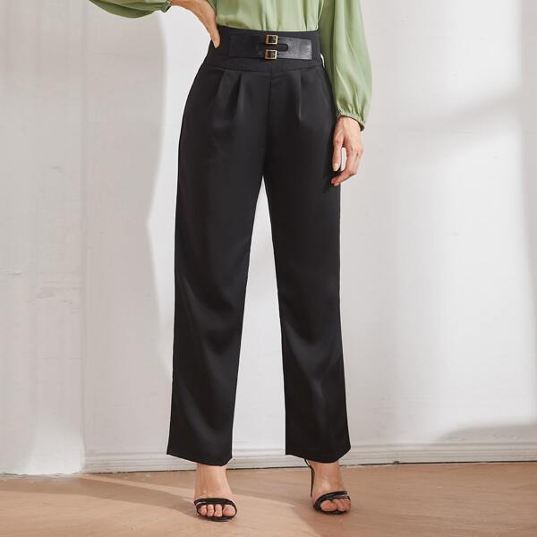 

Buckle Waist Zipper Back Straight Leg Pants, Black