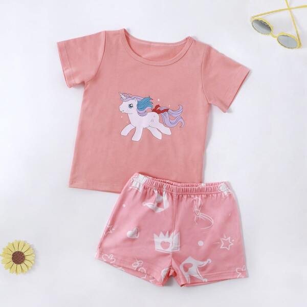 

Toddler Girls Unicorn Print Tee With Shorts, Coral pink