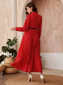 Modelyn Polka Dot Tie Neck Belted Dress - Red - View 2