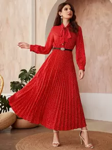 Modelyn Polka Dot Tie Neck Belted Dress - Red - View 3