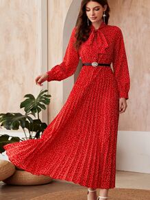 Modelyn Polka Dot Tie Neck Belted Dress - Red - View 4