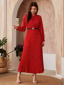 Modelyn Polka Dot Tie Neck Belted Dress - Red - View 5