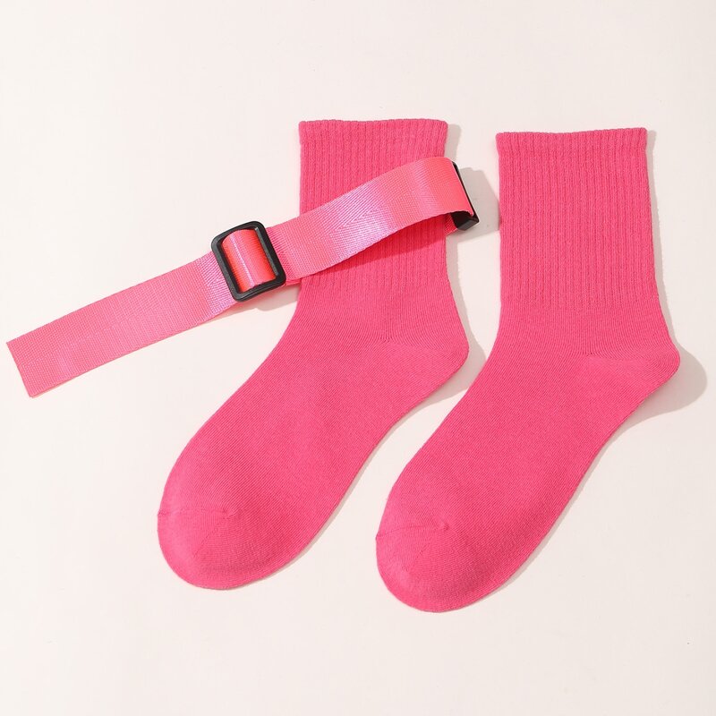 

Tape Belt Decor Crew Socks, Hot pink