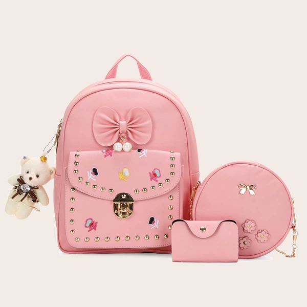 

3pcs Studded & Bow Decor Curved Backpack Set, Pink