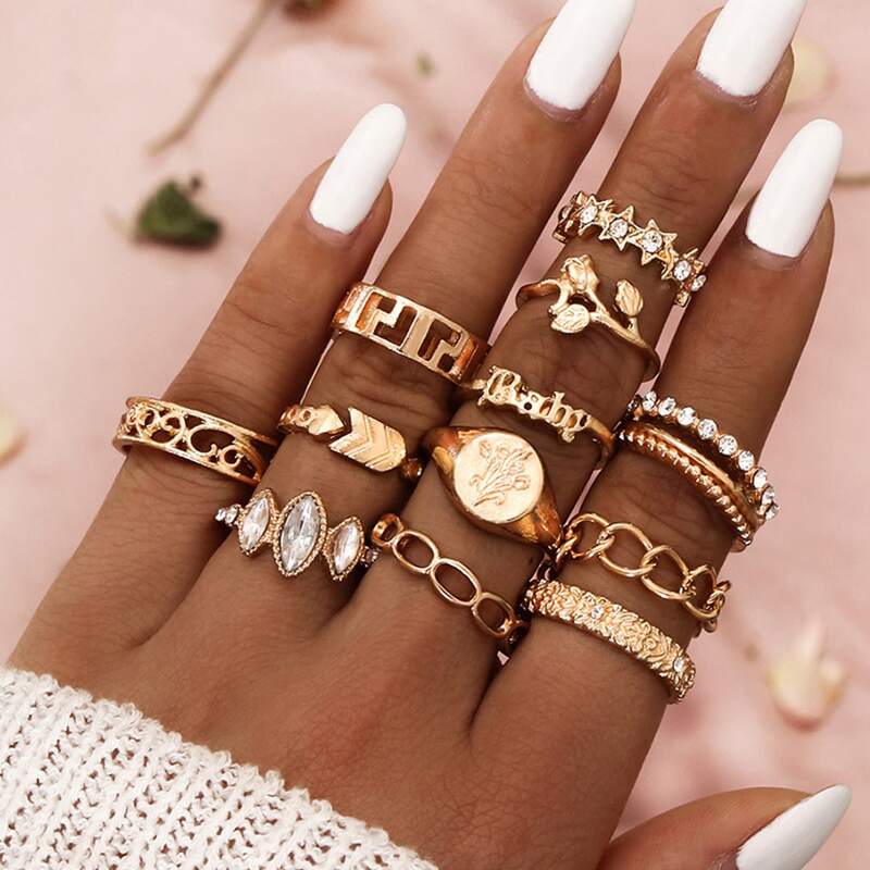 

12pcs Rhinestone Floral Ring, Gold