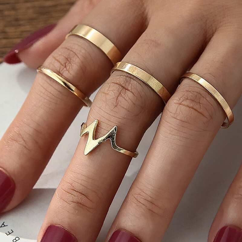 

5pcs Heartbeat Line Ring, Gold