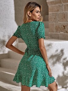 SHEIN Holidaya Vestido cruzado bajo con fruncido floral - Verde - Ver 2
