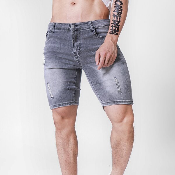 

Men Washed Ripped Denim Shorts, Grey
