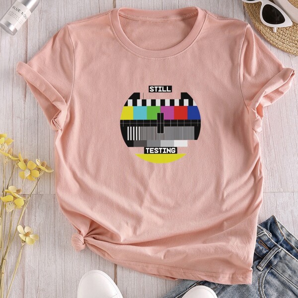 

Graphic Print Crew Neck Tee, Baby pink