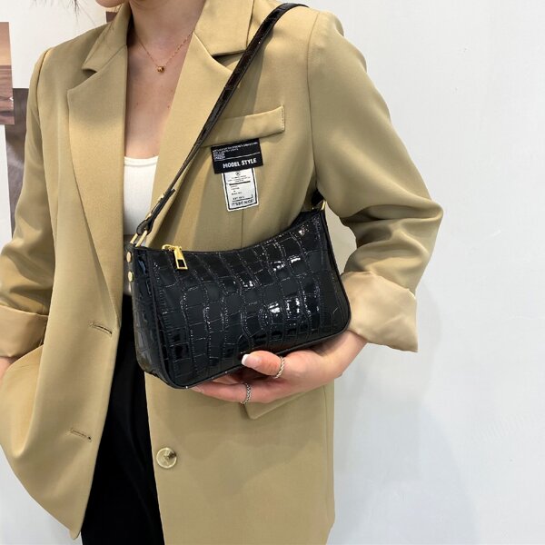 

Croc Embossed Baguette Bag, Black