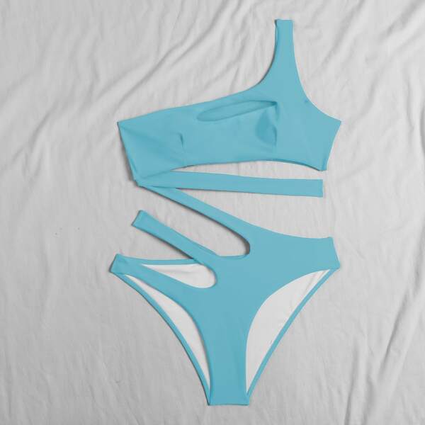 

Cut Out One Shoulder One Piece Swimsuit, Blue