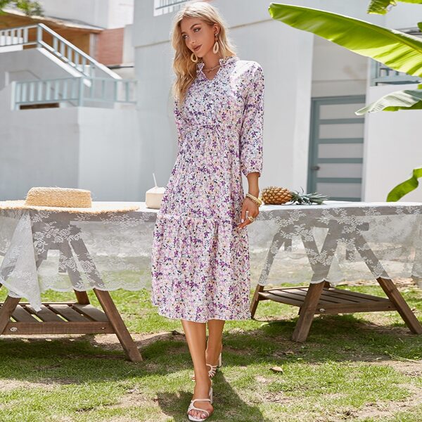 

Notch Neck Layered Frill Trim Ditsy Floral Dress, Multicolor