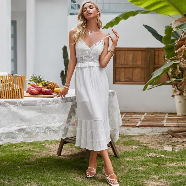 

Guipure Lace Panel Lace Up Backless Ruffle Hem Dress, White