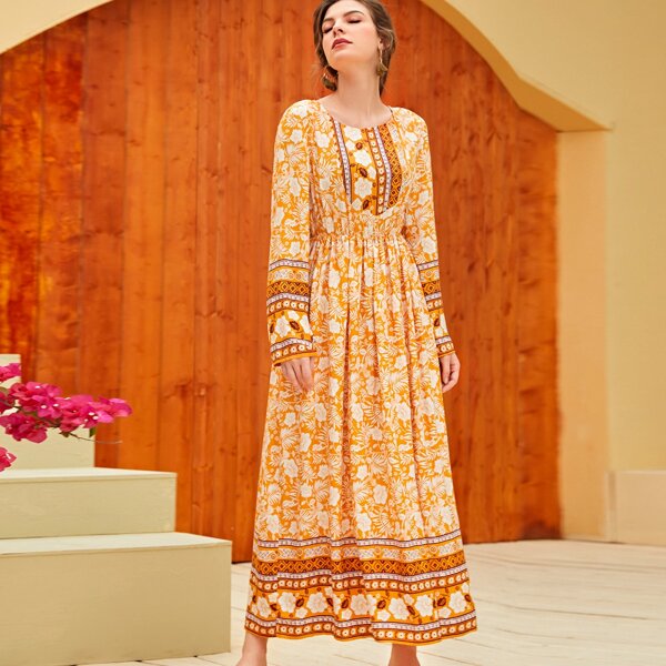 

Flower Print A-Line Dress, Yellow