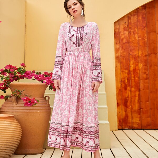 

Flower Print A-Line Dress, Baby pink