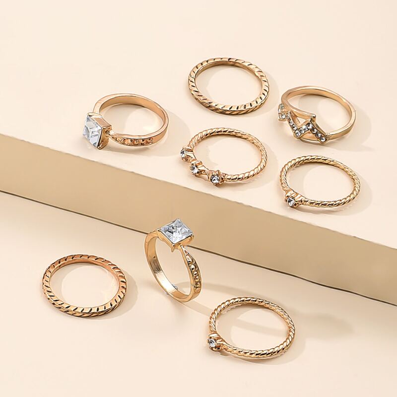

8pcs Rhinestone Ring, Gold
