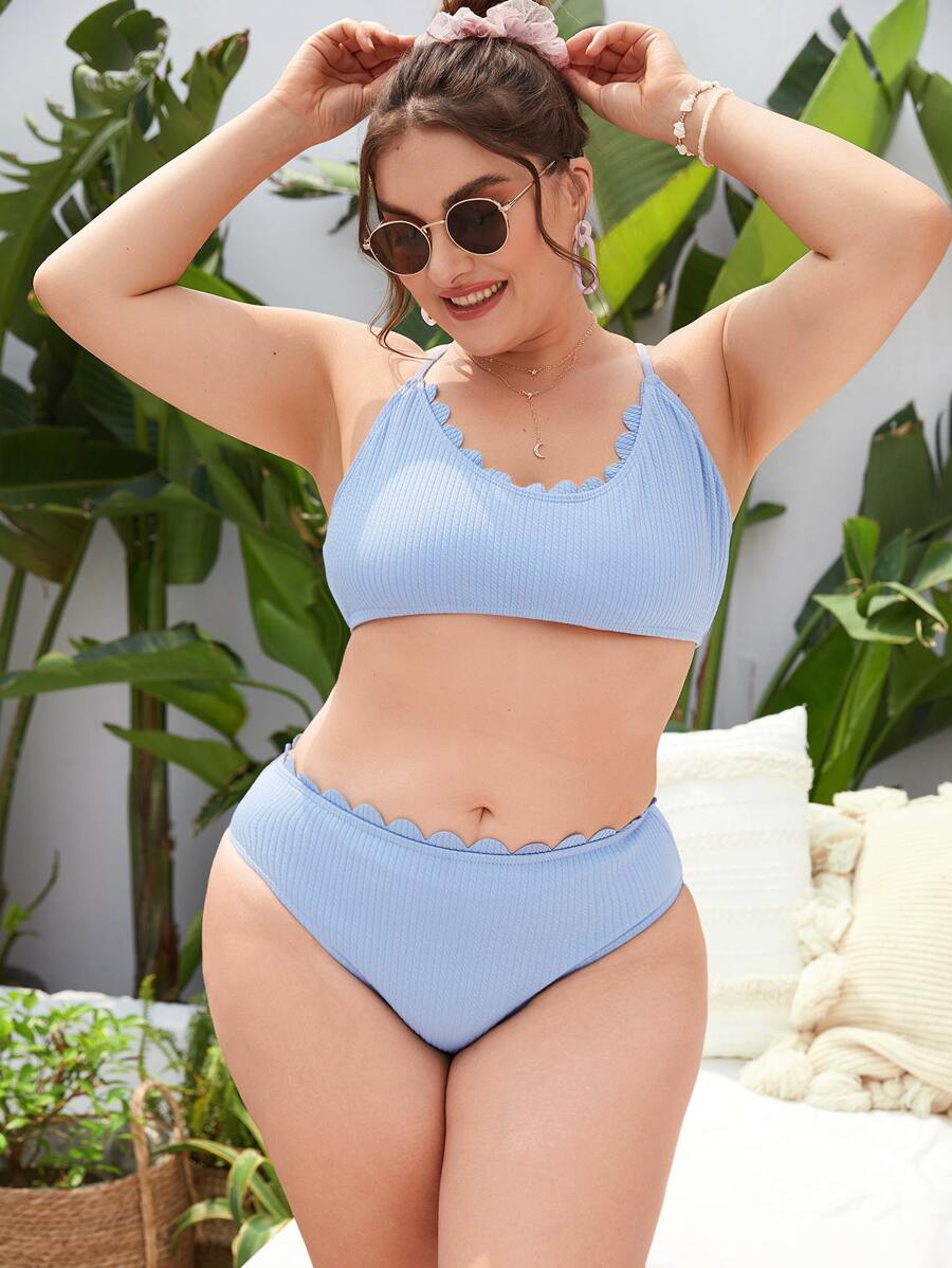 Conjunto de bikini de cintura alta con recorte en escama de canalé de talla grande para la playa de verano - Celeste - Ver 1