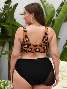 Plus Size 3packs Leopard Bikini Set & Mesh Beach Skirt Summer Beach - Multicolor - View 2