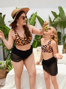 Plus Size 3packs Leopard Bikini Set & Mesh Beach Skirt Summer Beach - Multicolor - View 4