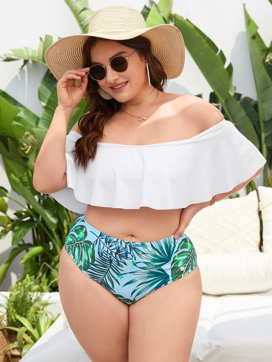 Plus Size Tropical Flounce Bardot Bikini Set Summer Beach - Multicolor - View 1