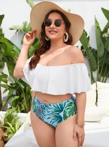 Plus Size Tropical Flounce Bardot Bikini Set Summer Beach - Multicolor - View 5
