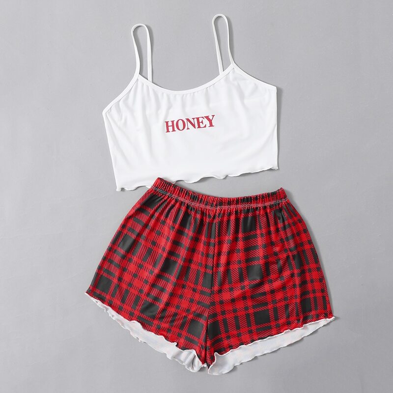 

Letter Plaid Lettuce Trim Pajama Set, Red and white