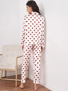 Satin Heart Print Lapel Collar Pajama Set, Fall Clothes