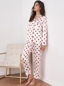 Satin Heart Print Lapel Collar Pajama Set, Fall Clothes