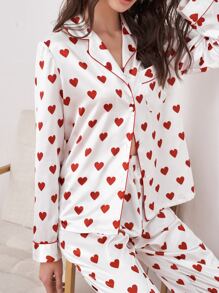 Satin Heart Print Lapel Collar Pajama Set, Fall Clothes