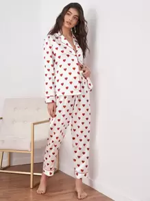 Satin Heart Print Lapel Collar Pajama Set, Fall Clothes