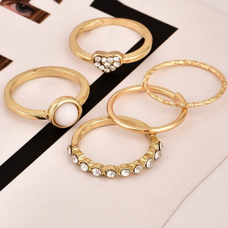 

5pcs Rhinestone Heart Ring, Gold
