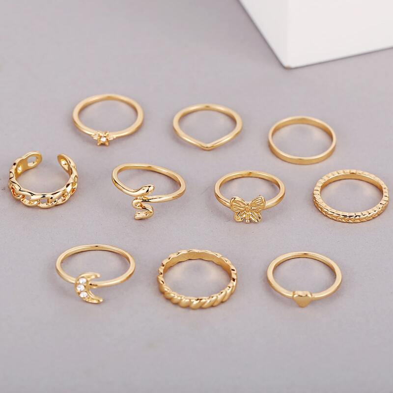 

10pcs Butterfly & Snake Ring, Gold