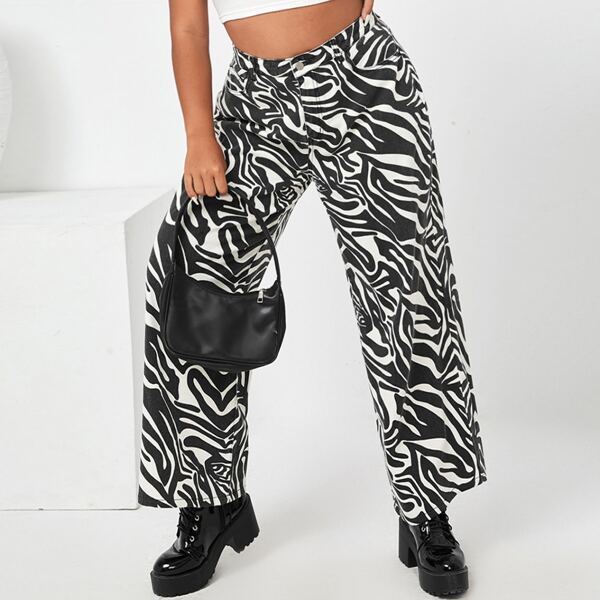 

Plus High Waist Zebra Stripe Wide Leg Pants, Black and white