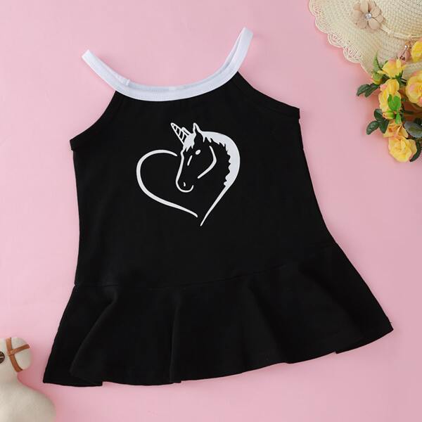 

Baby Girl Unicorn Print Ruffle Hem Halter Dress, Black