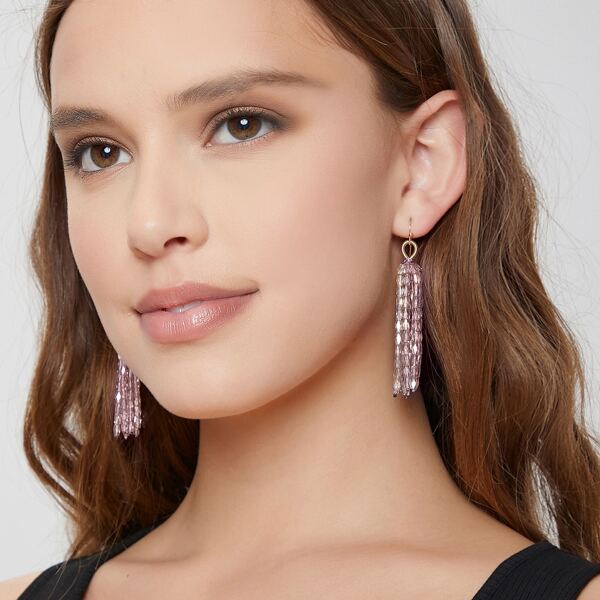 

Iridescent Beaded Glass Tassel Drop Earrings, Baby pink