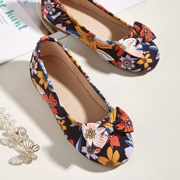 

Toddler Girls Bow Decor Floral Ballet Flats, Multicolor