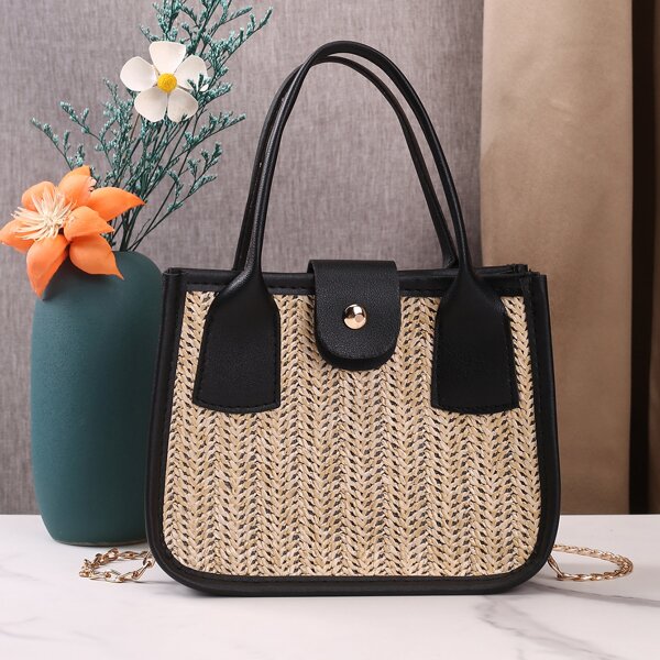 

Snap Button Chain Straw Bag, Multicolor