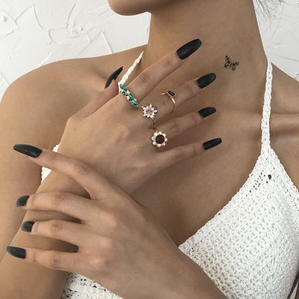 

4pcs Rhinestone Decor Ring, Gold
