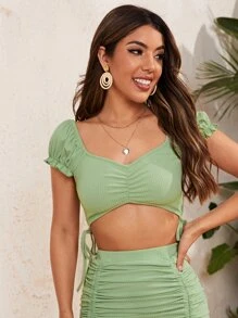 SHEIN Unity Crop Top De Manga Abullonada Con Nudo Lateral, Escote Fruncido - verde menta - Ver 5