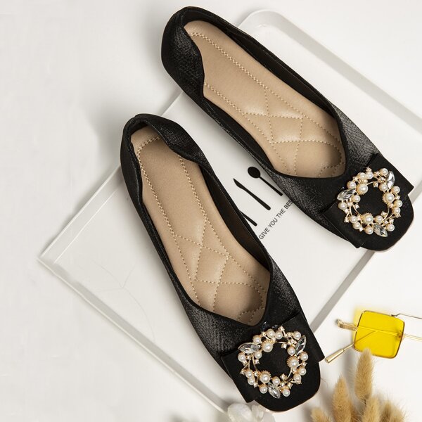 

Faux Pearl & Rhinestone Decor Flats, Black