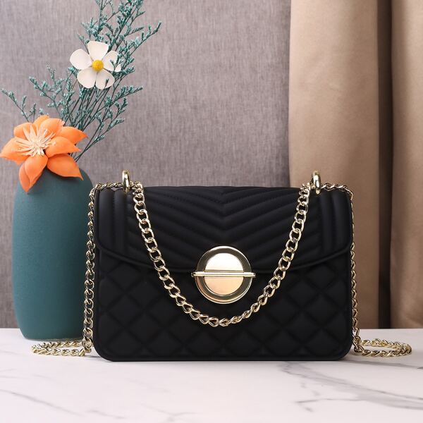 

Quilted & Chevron Push Lock Chain Bag, Black
