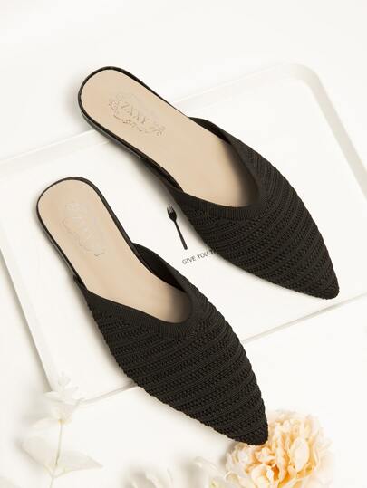 Fall/Winter Minimalist Knit Flat Mules,Lady's Black Slender Elastic Knitted Outdoor Simplistic And Elegant Flats